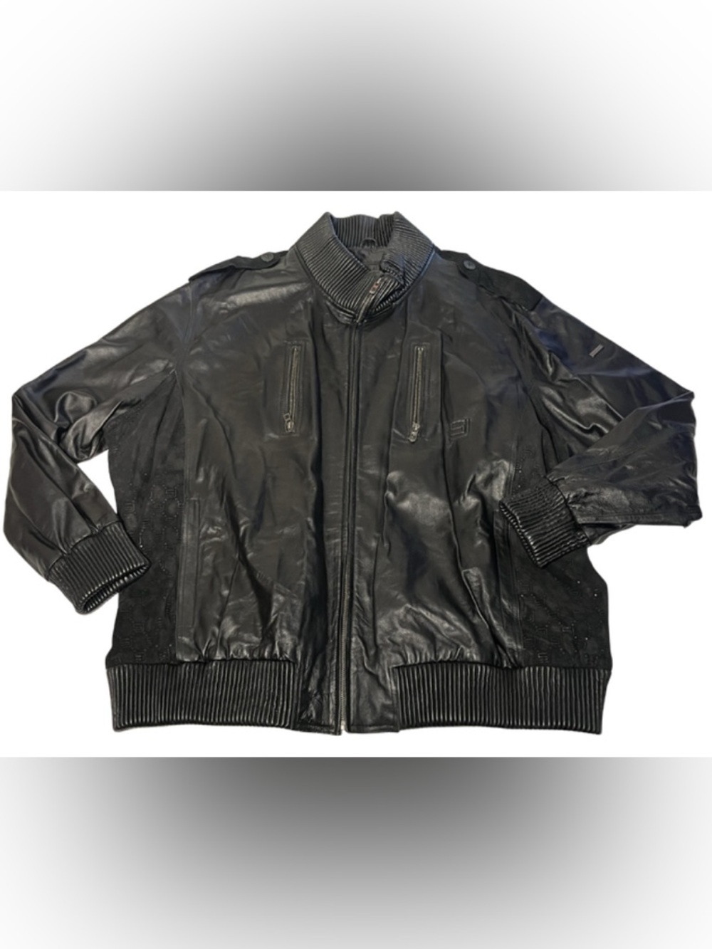 Sean John 6XL Genuine Leather Jacket 
 Black Full Zip Ribbed Trim Moto Bomber
